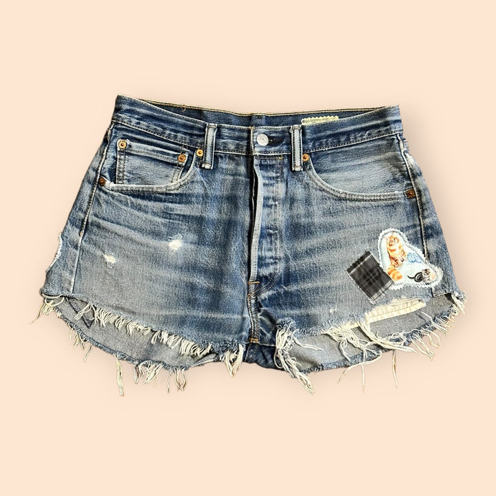 Levi's Distressed Cutoff Shorts With Handmade Kitty Patch