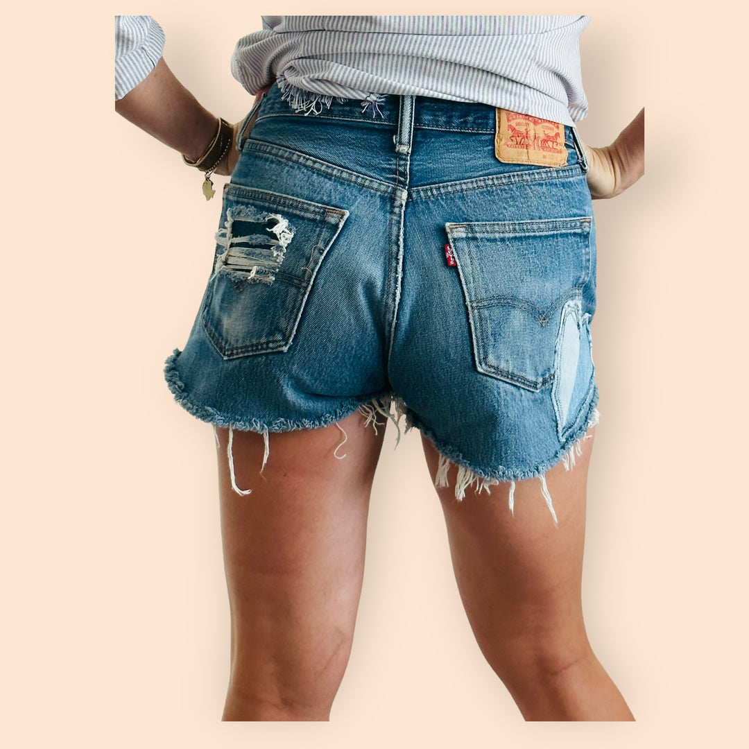 Levi's Distressed Cutoff Shorts With Handmade Kitty Patch